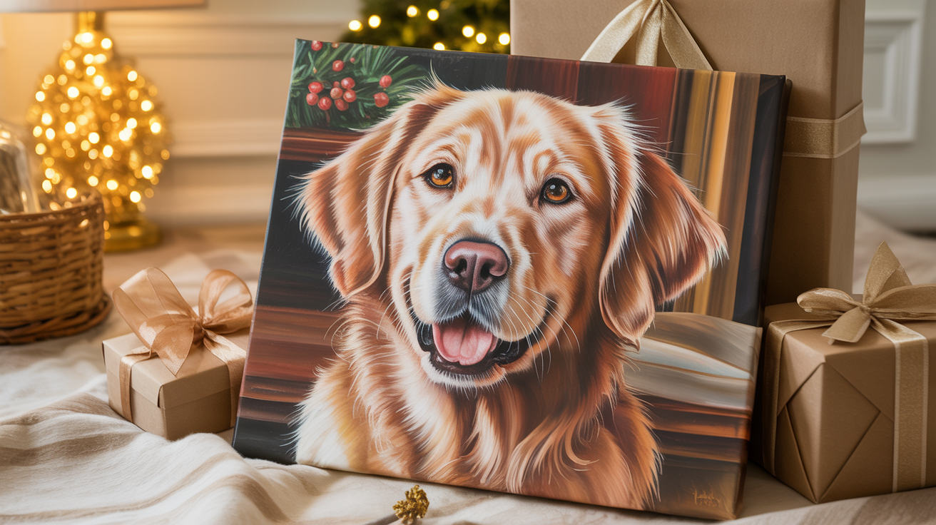 A beautiful custom oil painting of a golden retriever presented as an elegant gift with warm lighting