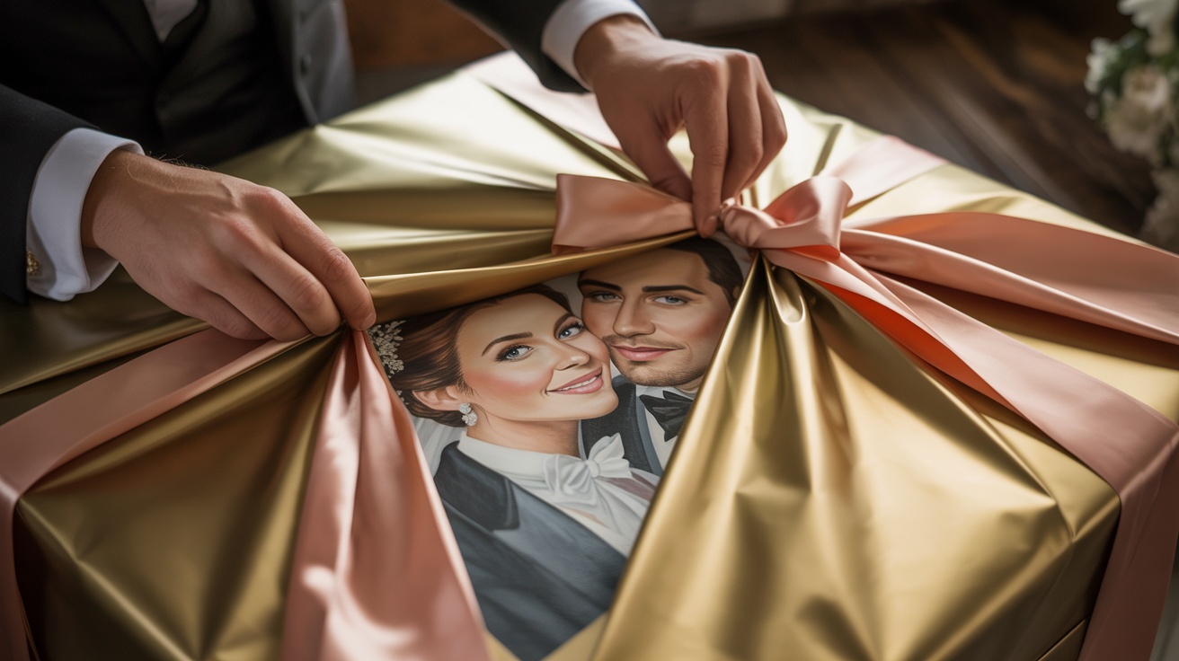 A dramatic reveal scene of a custom oil wedding portrait painting being unwrapped as a surprise gift with elegant wrapping and ribbon