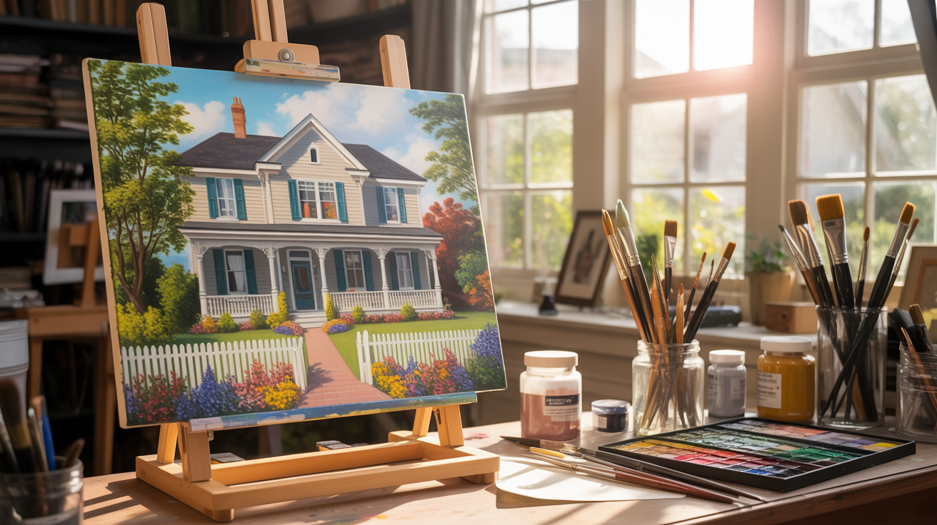 A custom oil portrait painting of a charming family home with a garden displayed on an easel in a bright sunlit artist studio