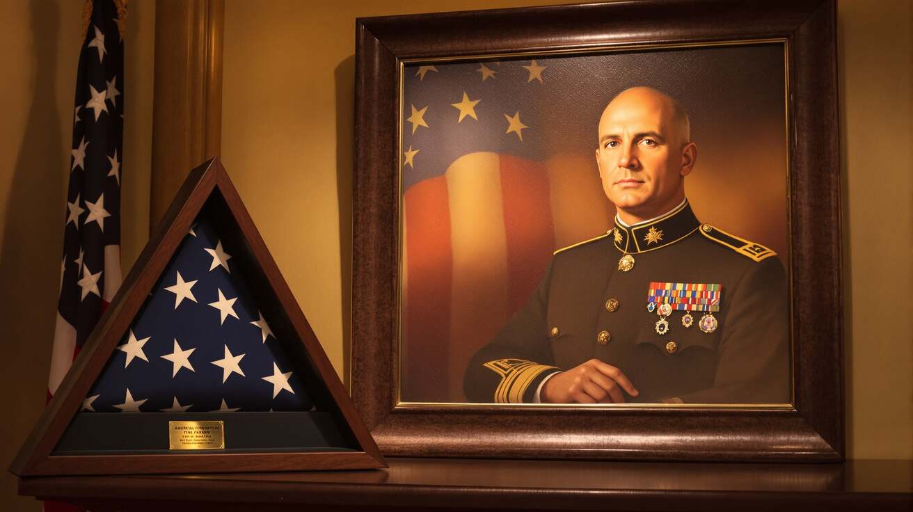 A dignified oil portrait of a military service member in dress uniform displayed in a dark wood frame with an American flag nearby