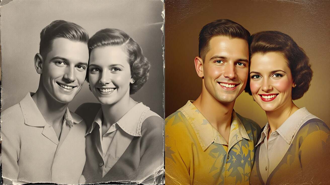 A side-by-side comparison of a faded black-and-white vintage family photograph next to a vibrant restored oil painting created from that photo