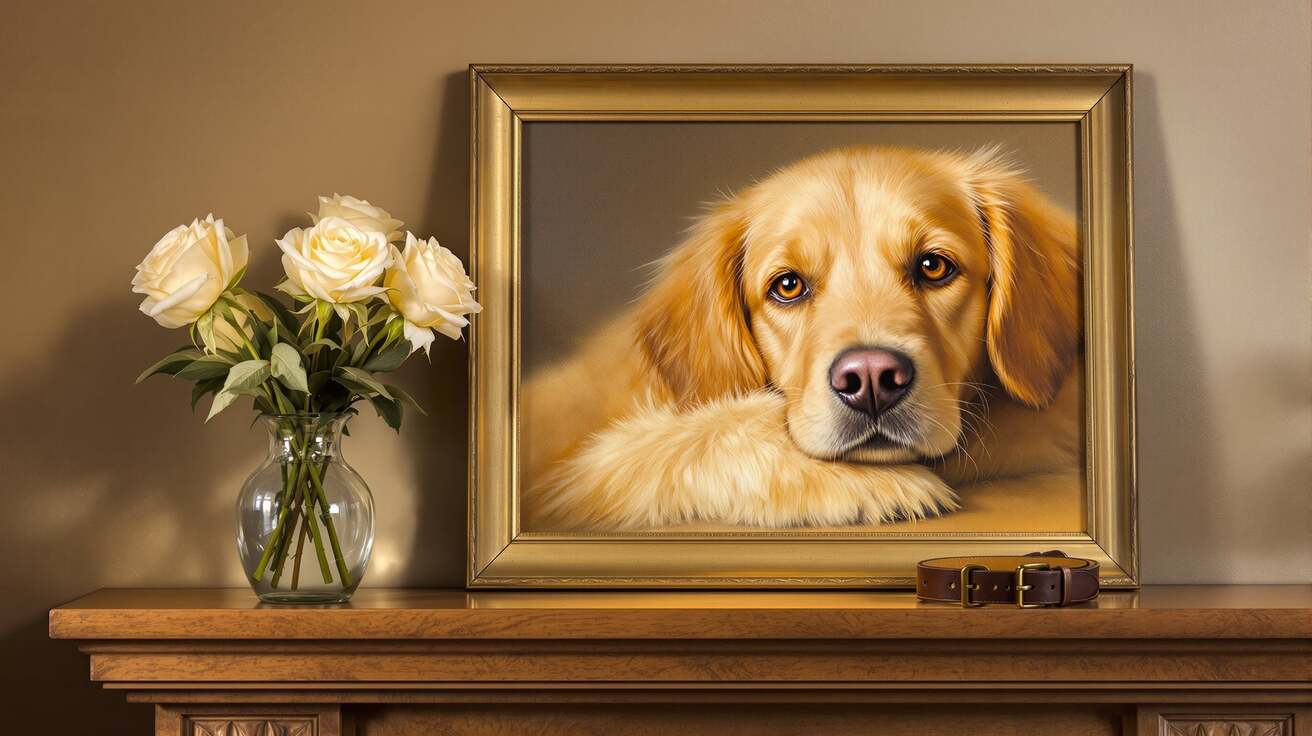 A tender oil painting of a golden retriever displayed on a mantelpiece alongside flowers and a collar as a memorial tribute