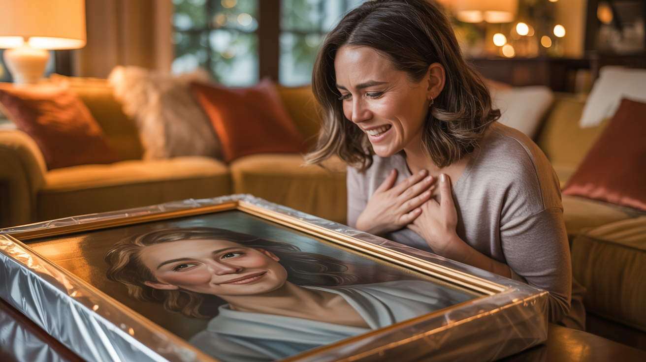 A woman receiving a wrapped custom portrait painting as a surprise gift, looking emotional with tears of joy in an elegant living room