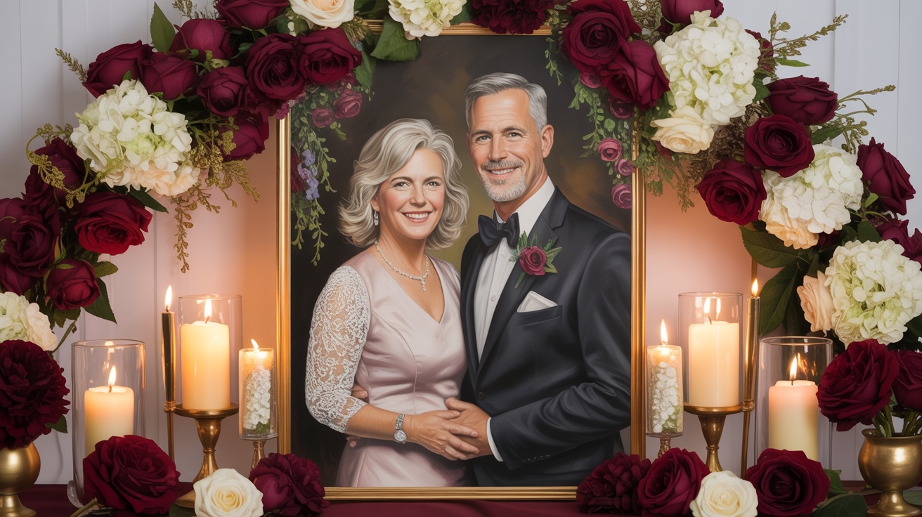 A custom oil portrait painting of a mature couple displayed at a vow renewal celebration with burgundy florals candles and gold accents