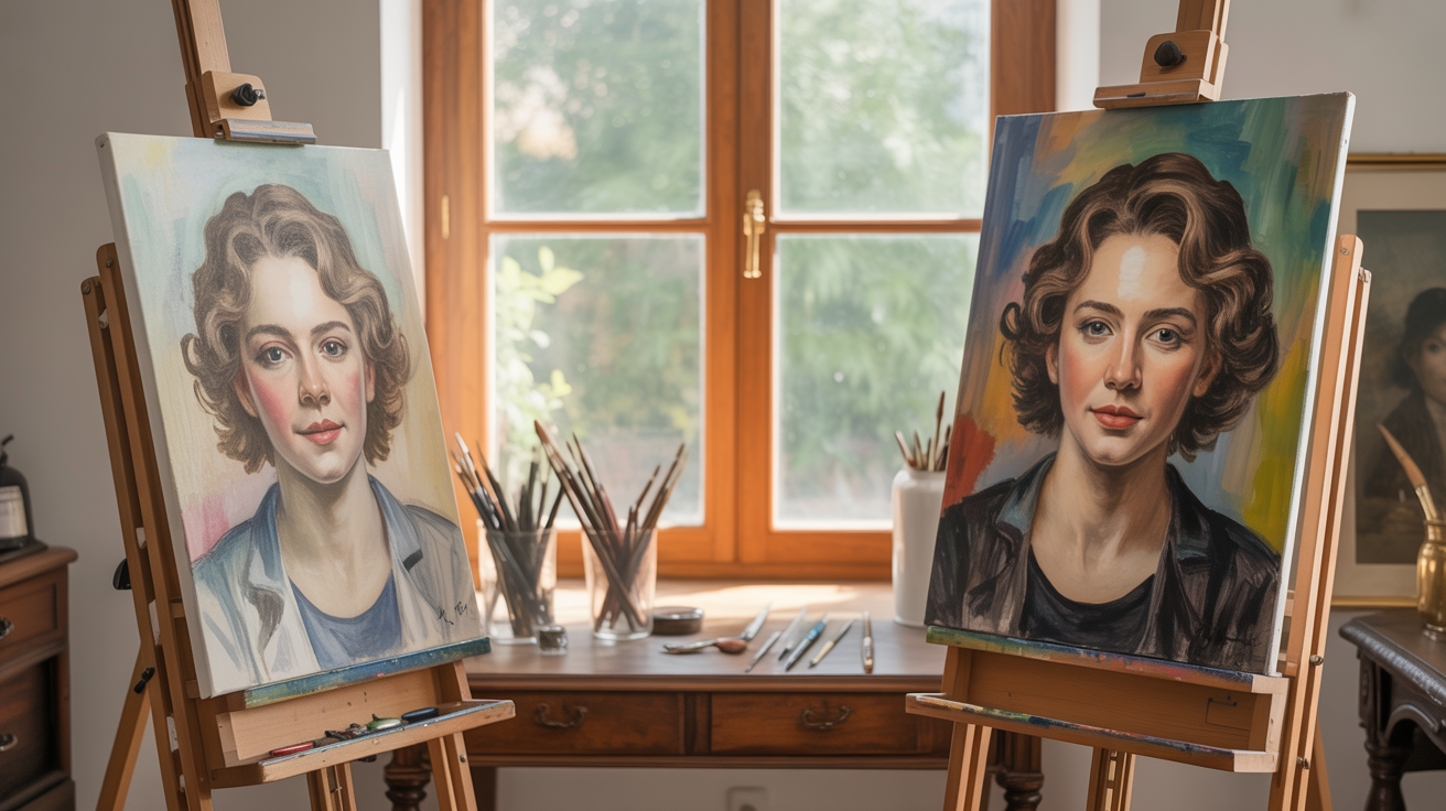 Side-by-side comparison of a watercolour portrait and an oil portrait painting on easels in an artist studio