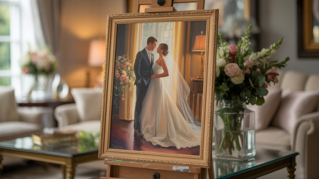 A stunning custom oil portrait painting of a bride and groom on their wedding day displayed on an elegant easel in a sophisticated home with soft golden lighting